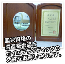 国家資格柔道整復師とカイロプラクティックの免許を取得しています